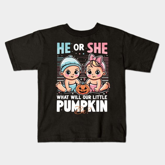 Anticipation Awaits: What Will Our Little Pumpkin Be – He or She? Kids T-Shirt by Meryarts